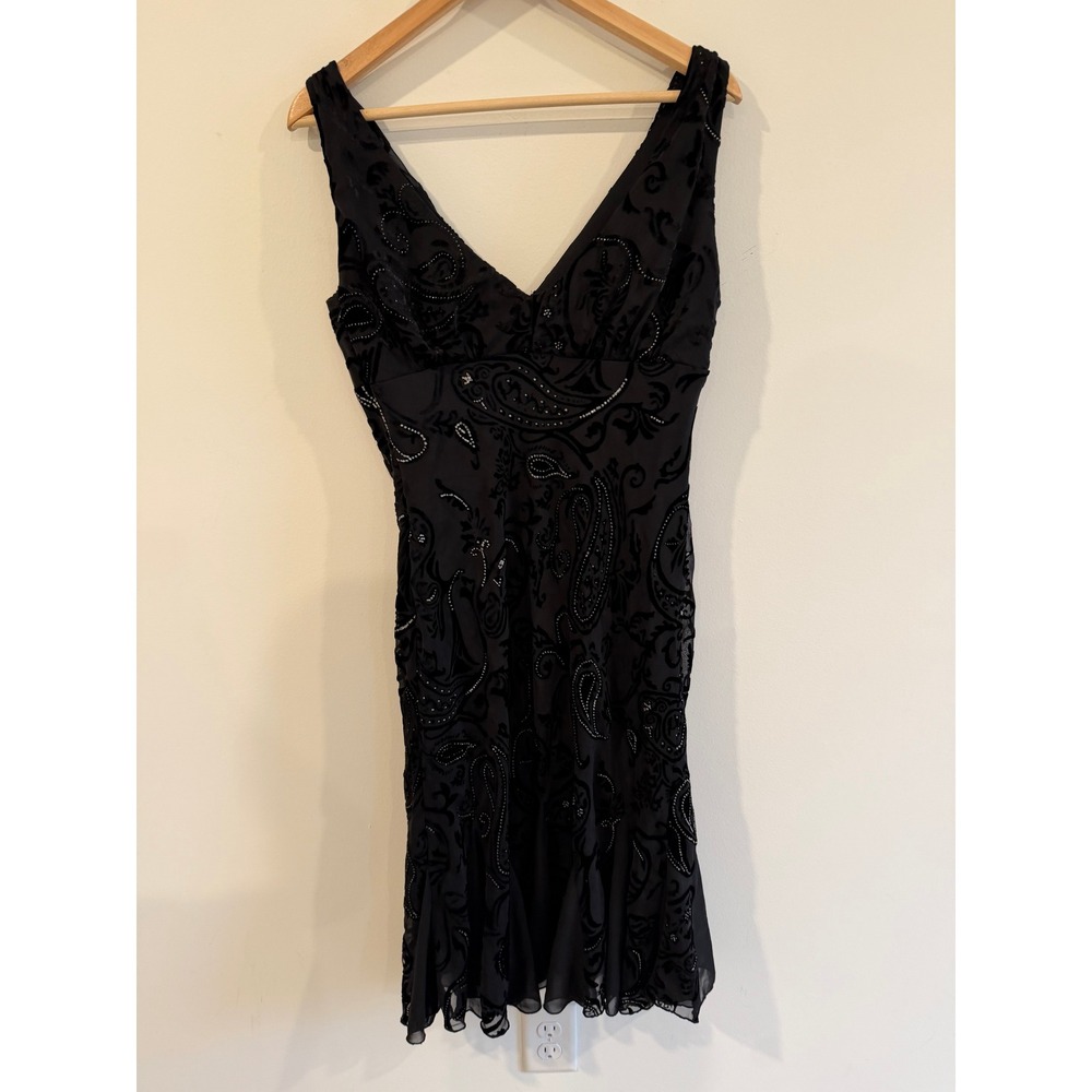 SL Fashions Black Paisley Velvet Burnout Rhinestone Godet Hem Dress Size 10 - Picture 4 of 11